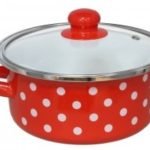 Puodas emaliuotas raudonas su žirneliais